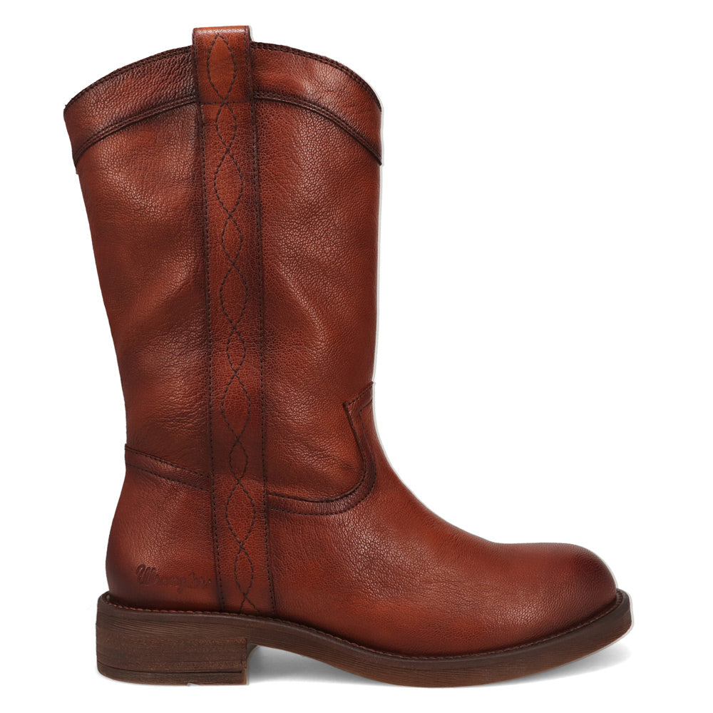 Burnished Saddle-WRANGLER Womens Delilah Leather Round-Toe Western Cowboy Boot