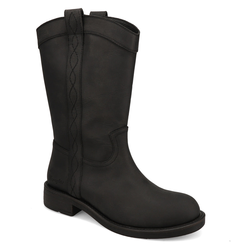 Black-WRANGLER Womens Delilah Leather Round-Toe Western Cowboy Boot