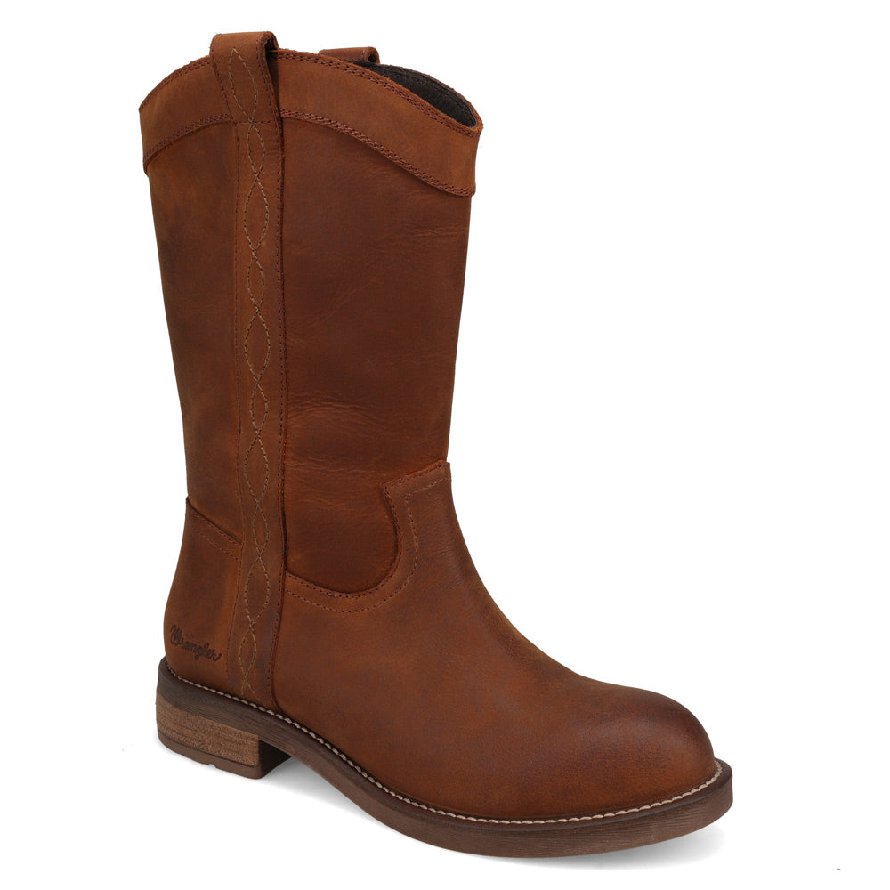 Bridle Brown-WRANGLER Womens Delilah Leather Round-Toe Western Cowboy Boot
