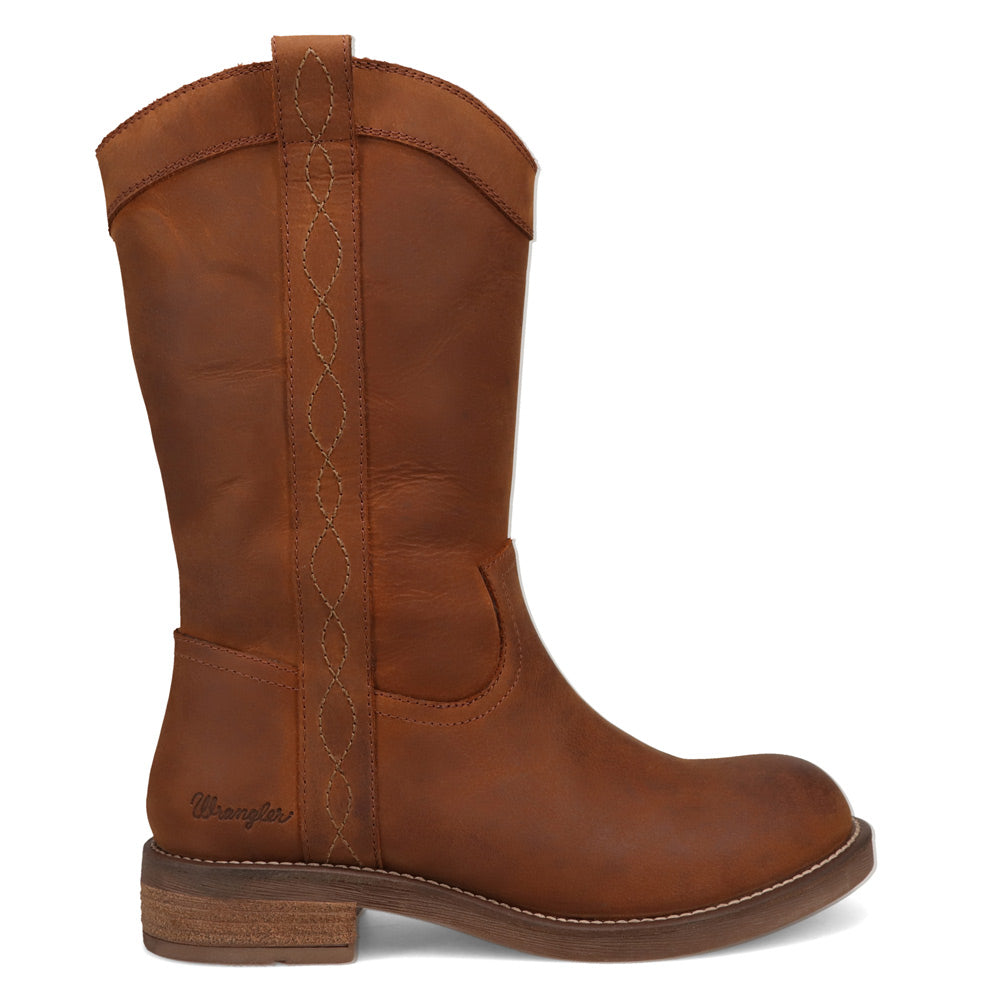 Bridle Brown-WRANGLER Womens Delilah Leather Round-Toe Western Cowboy Boot
