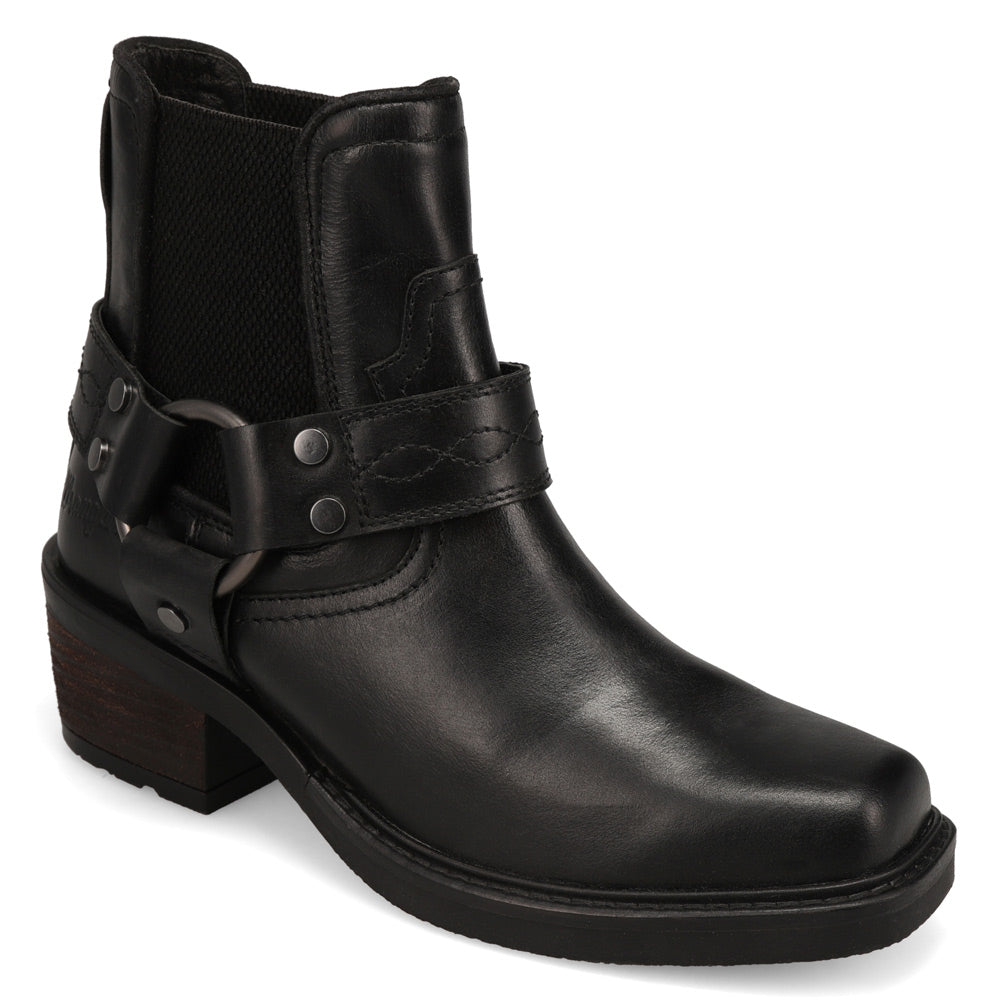 Black-WRANGLER Womens Bethany Leather Harness Western Bootie