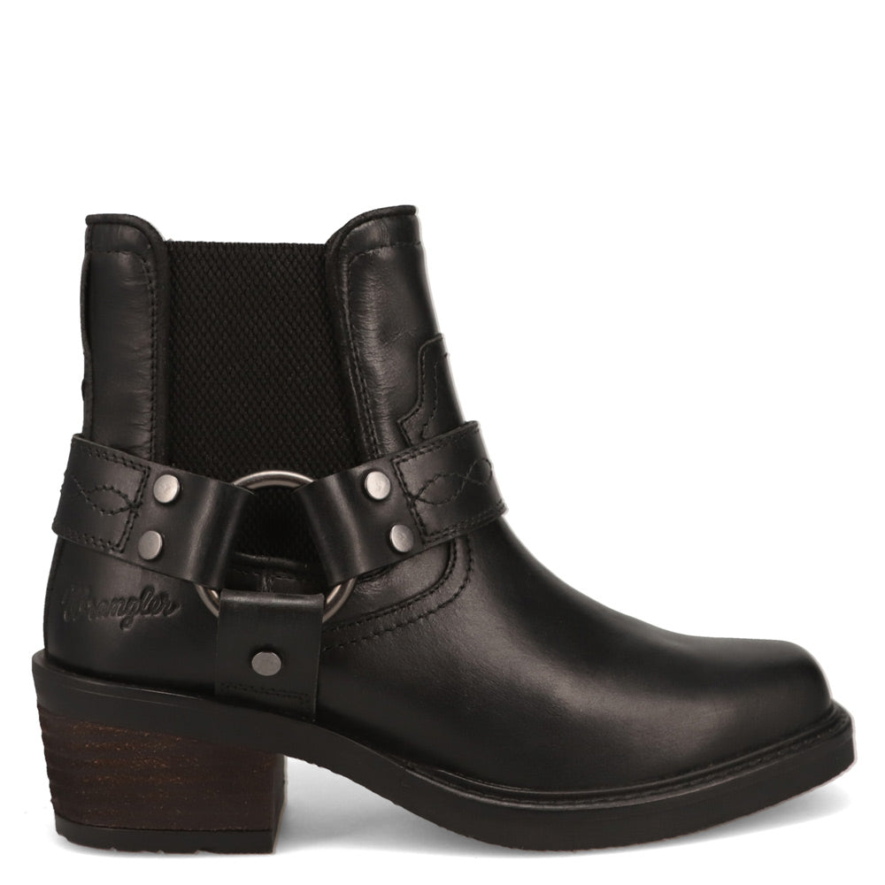 Black-WRANGLER Womens Bethany Leather Harness Western Bootie
