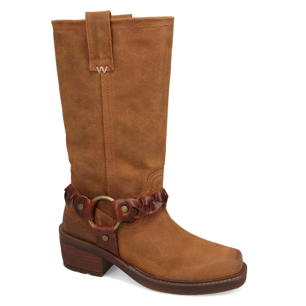 Buckskin-WRANGLER Womens Blythe Suede Harness Western Cowboy Boot