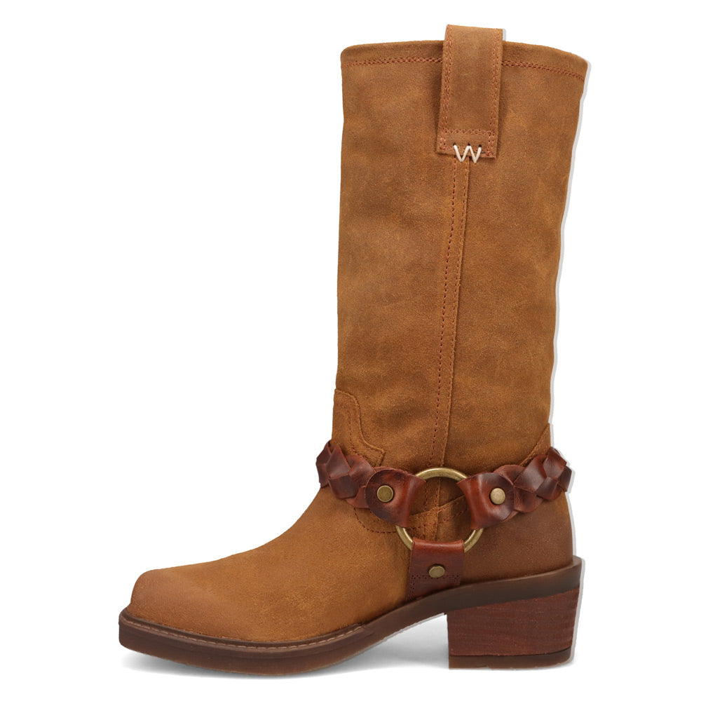 Buckskin-WRANGLER Womens Blythe Suede Harness Western Cowboy Boot