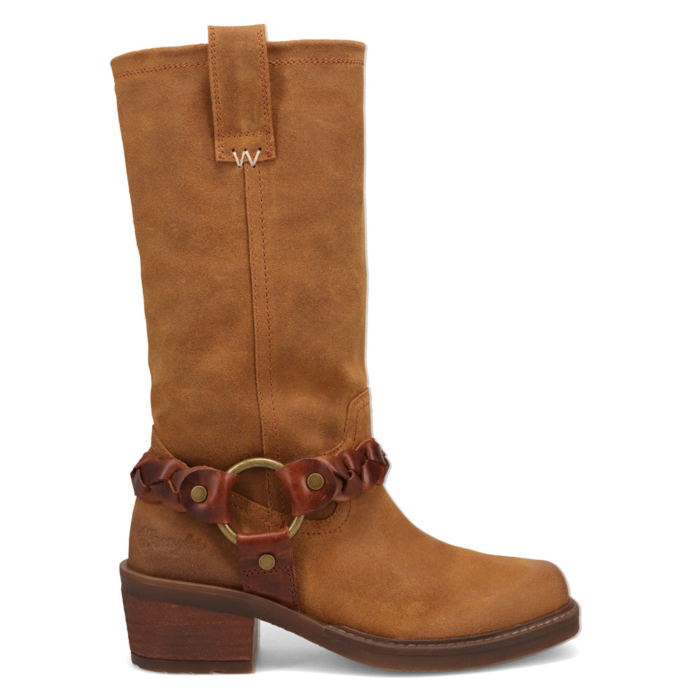 Buckskin-WRANGLER Womens Blythe Suede Harness Western Cowboy Boot