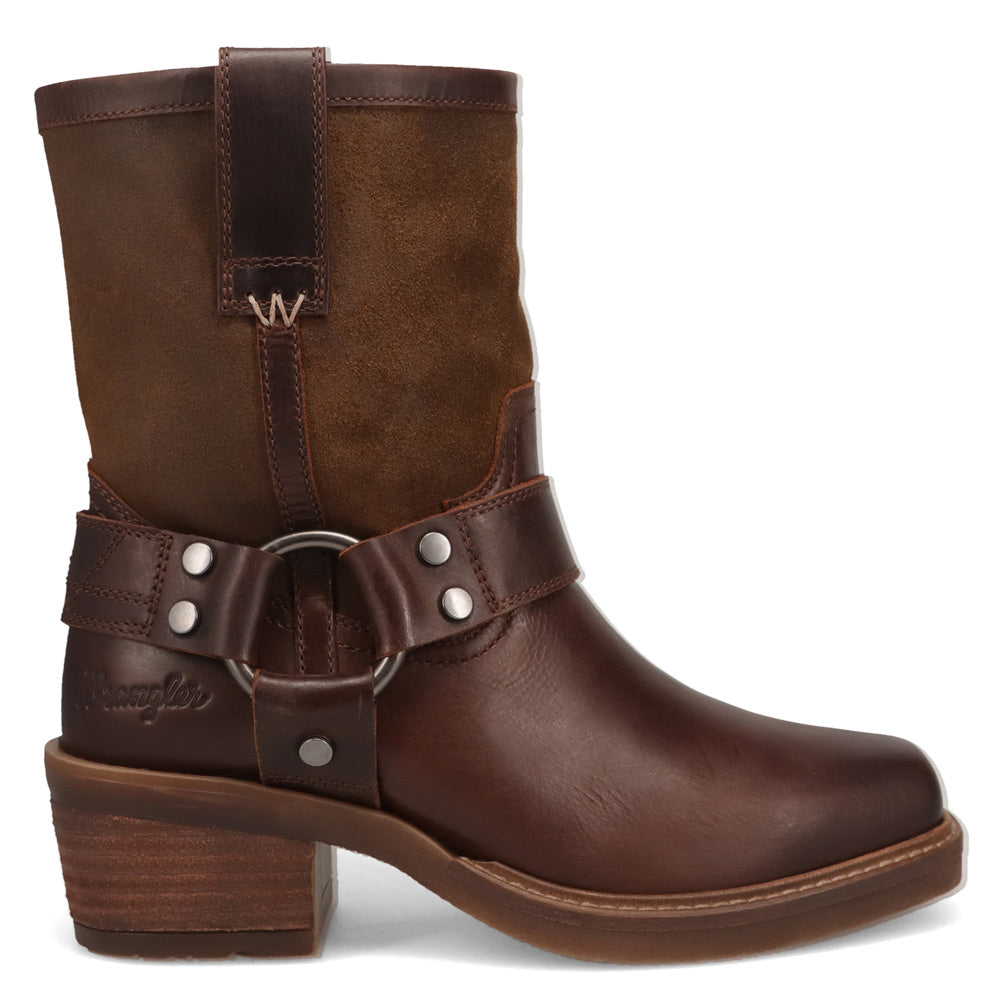 Chestnut-WRANGLER Womens Bessie Leather Harness Western Cowboy Boot