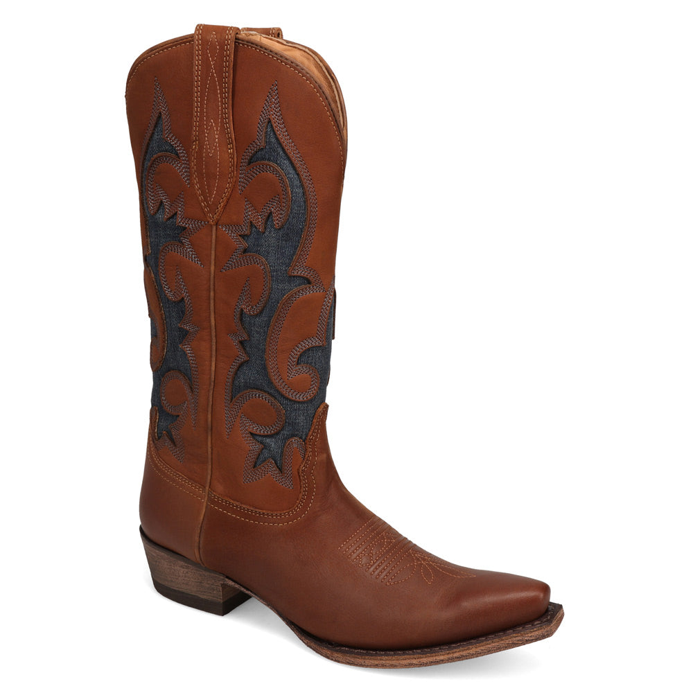 Saddle Tan/Washed Denim-WRANGLER Womens Mavis Denim Snip-Toe Western Cowboy Boot