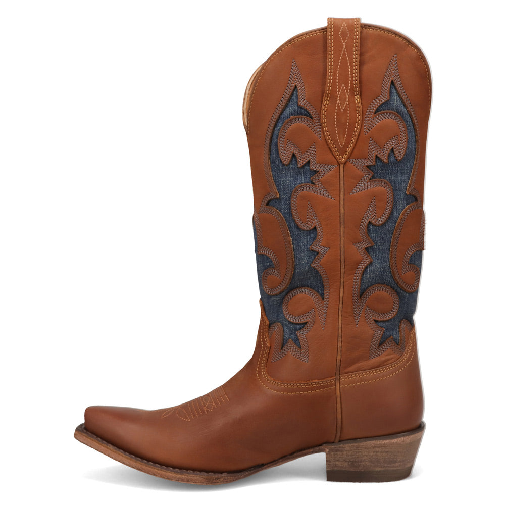 Saddle Tan/Washed Denim-WRANGLER Womens Mavis Denim Snip-Toe Western Cowboy Boot