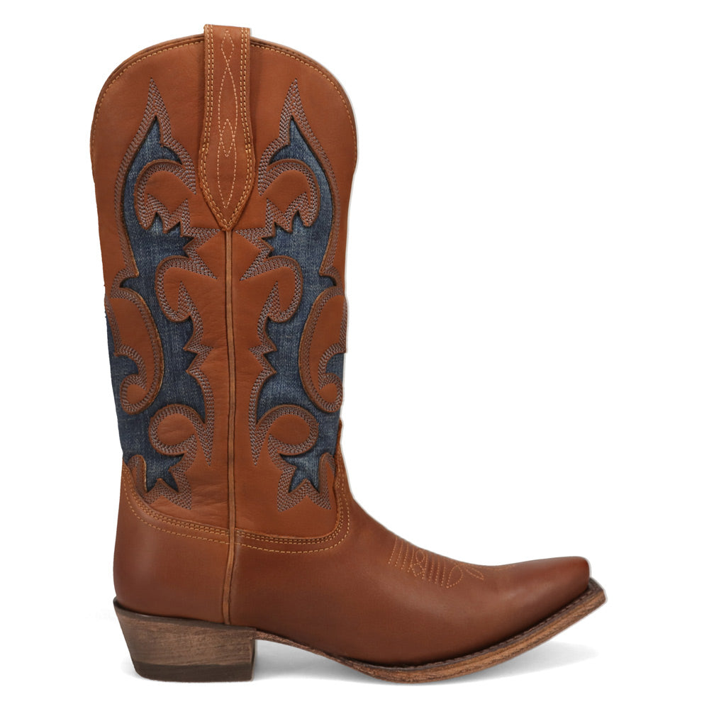 Saddle Tan/Washed Denim-WRANGLER Womens Mavis Denim Snip-Toe Western Cowboy Boot