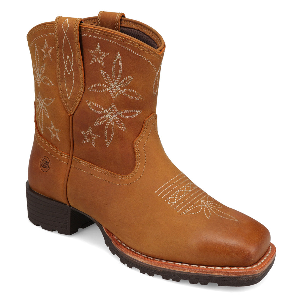 Tan-WRANGLER Womens Sallie Leather Square-Toe Western Cowboy Boot
