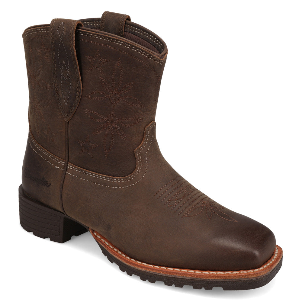 Dark Brown-WRANGLER Womens Sallie Leather Square-Toe Western Cowboy Boot