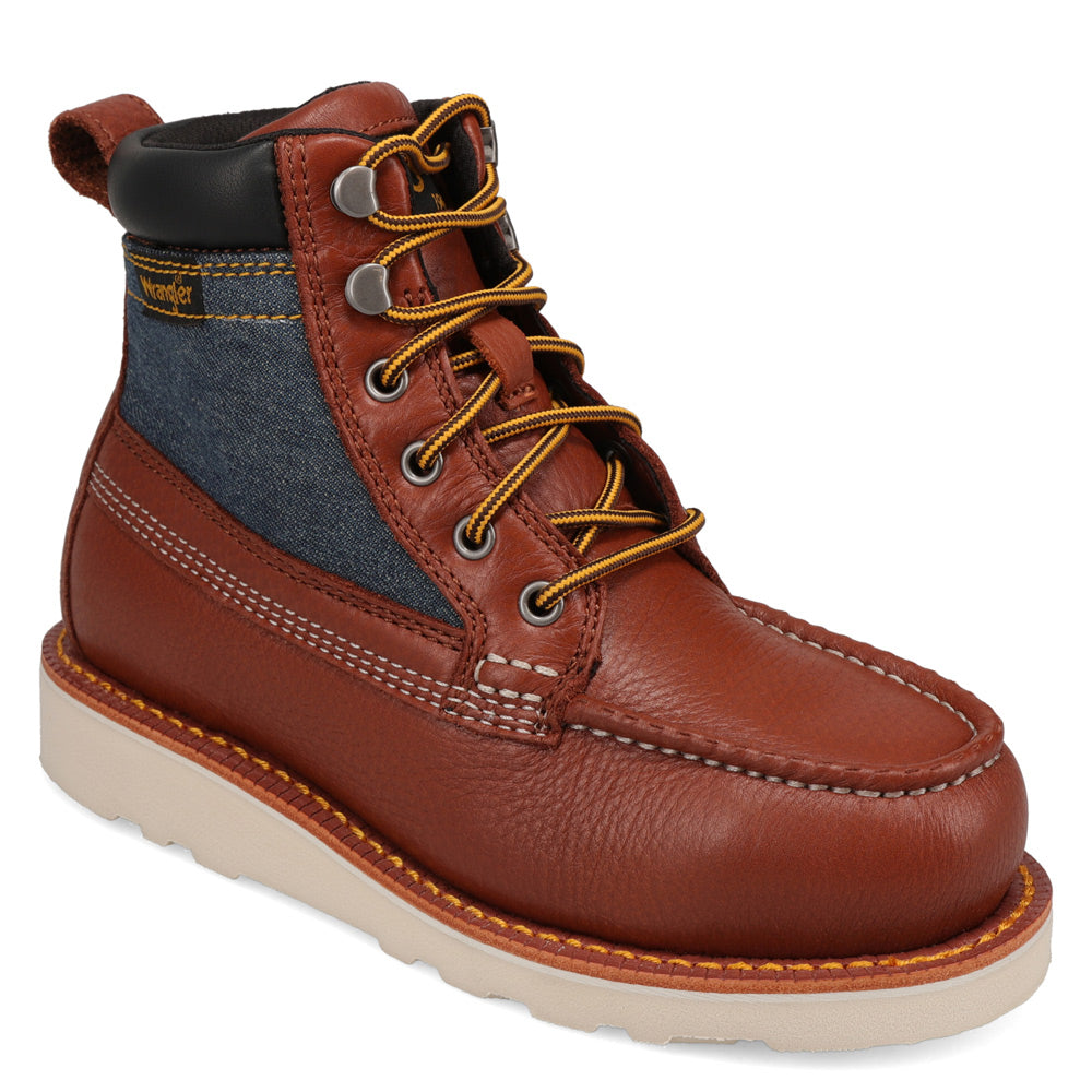 Saddle Tan/Washed Denim-WRANGLER Womens Tessa Steel-Toe Denim Wedge Work Boot