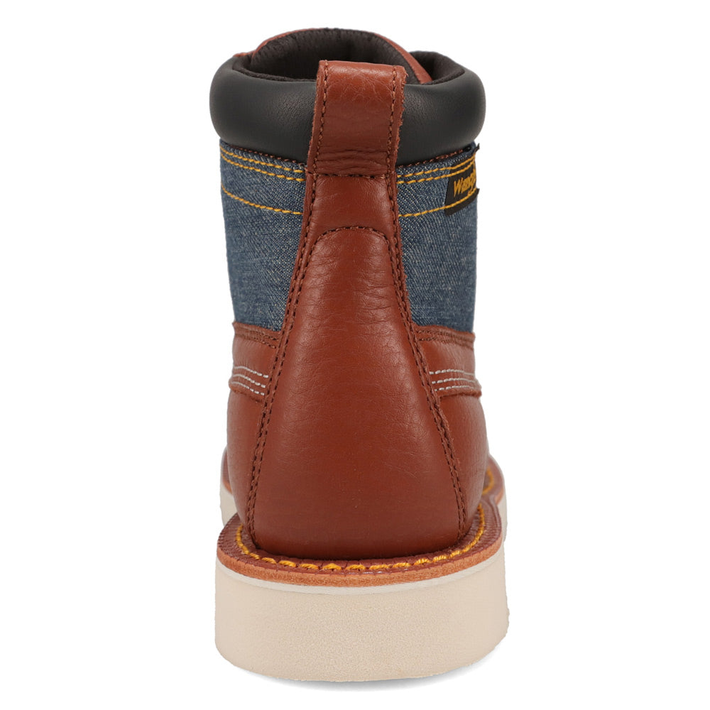 Saddle Tan/Washed Denim-WRANGLER Womens Tessa Steel-Toe Denim Wedge Work Boot