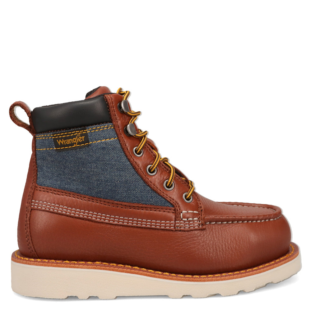 Saddle Tan/Washed Denim-WRANGLER Womens Tessa Steel-Toe Denim Wedge Work Boot