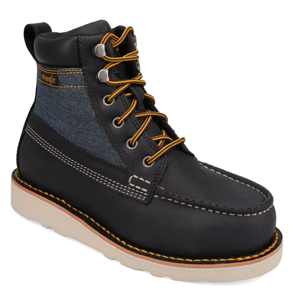 Indigo/Washed Denim-WRANGLER Womens Tessa Steel-Toe Denim Wedge Work Boot