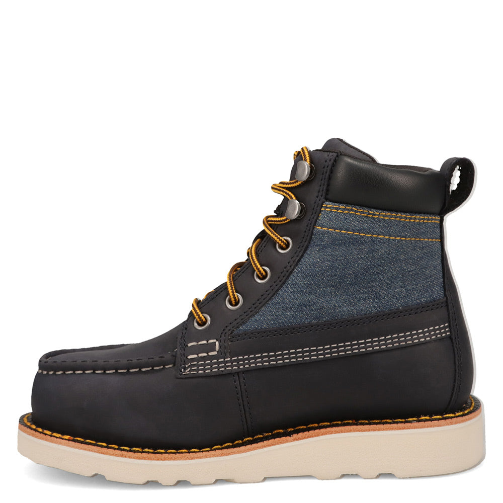 Indigo/Washed Denim-WRANGLER Womens Tessa Steel-Toe Denim Wedge Work Boot