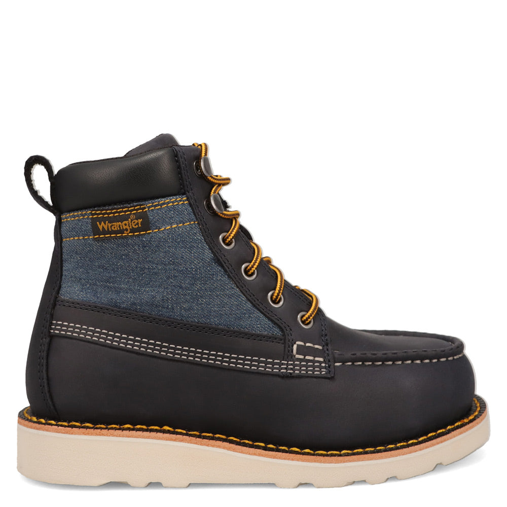 Indigo/Washed Denim-WRANGLER Womens Tessa Steel-Toe Denim Wedge Work Boot