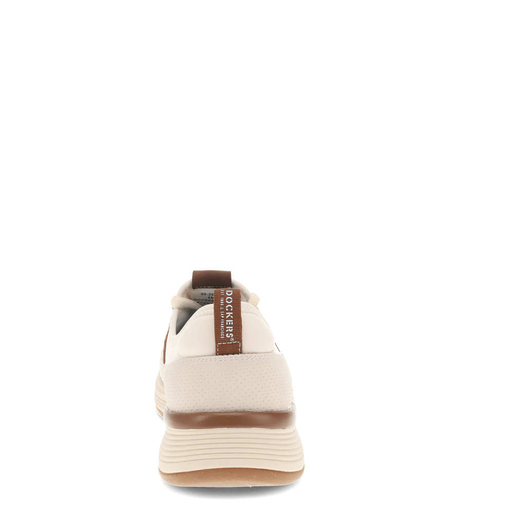 Off White/Tan-Dockers Mens Adan Knit and Synthetic Leather Casual Lace Up Sneaker Shoe