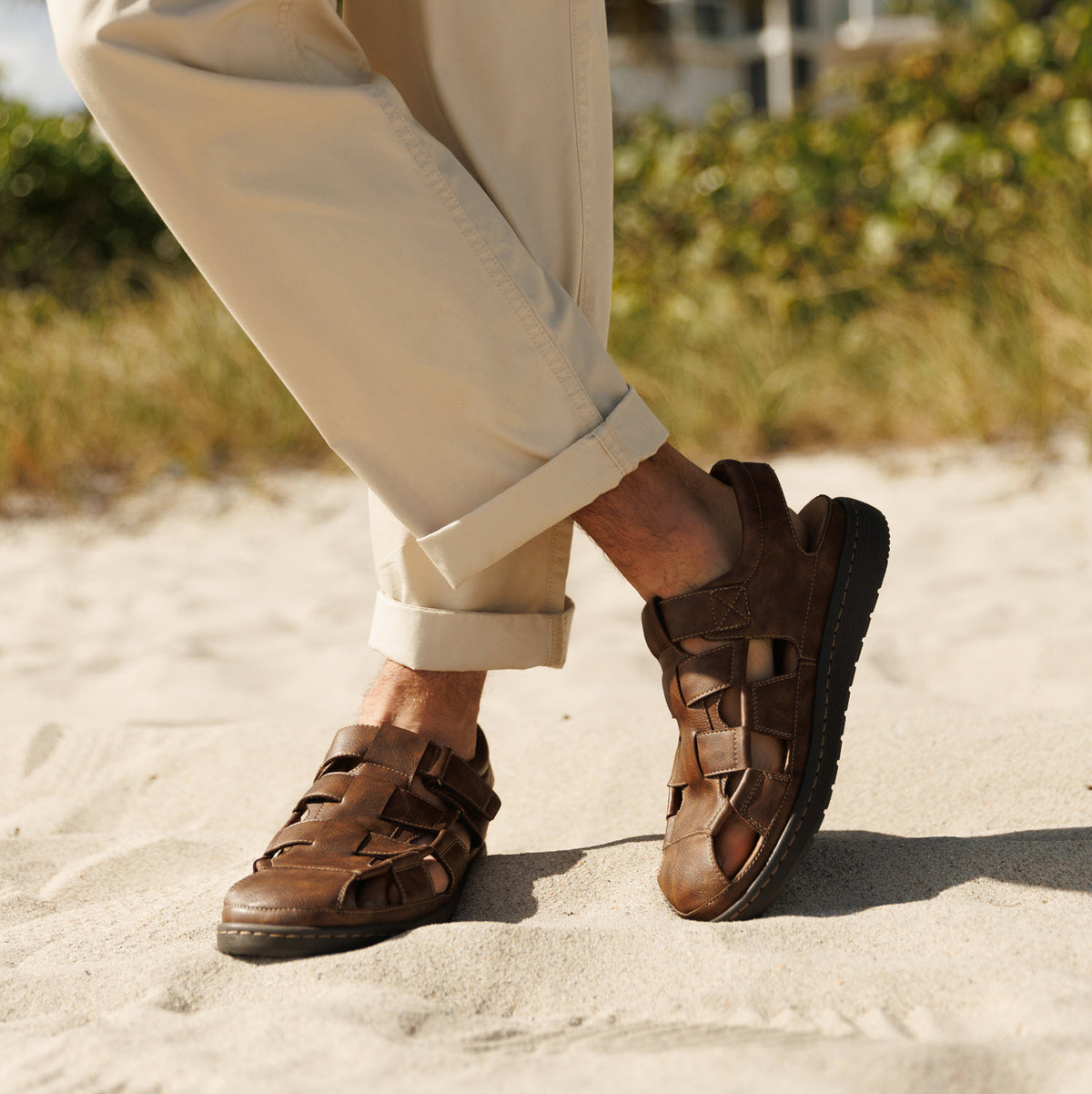 Dark Tan-Dockers Mens Sarasota Tumbled Full Grain Moc Toe Sandal